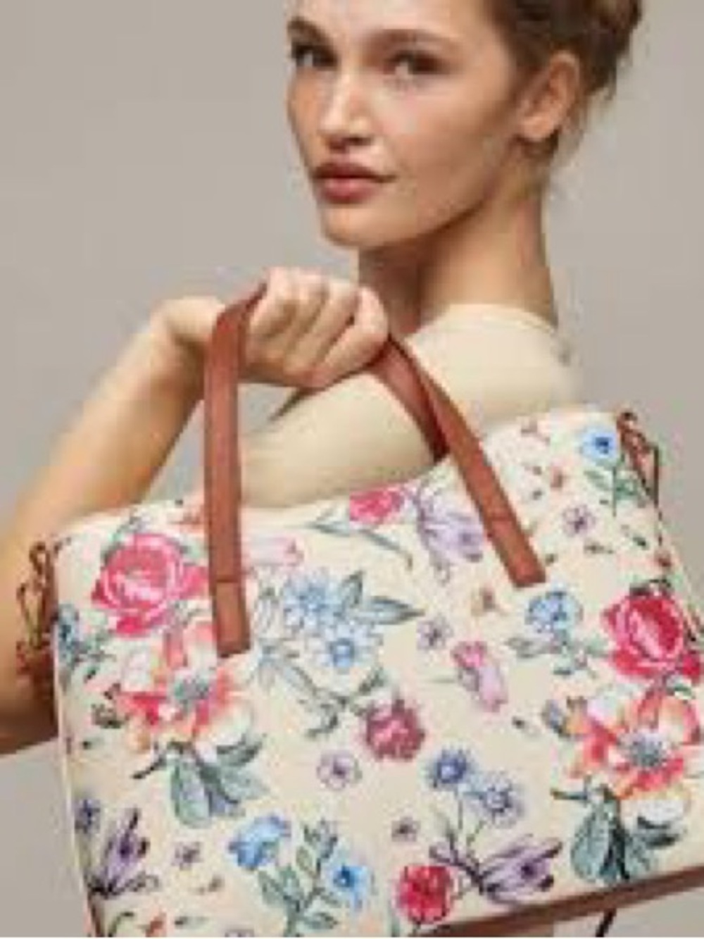 Avon Floral Canvas Tote Bag Brown Leather Handles Cream/Pink/Blue